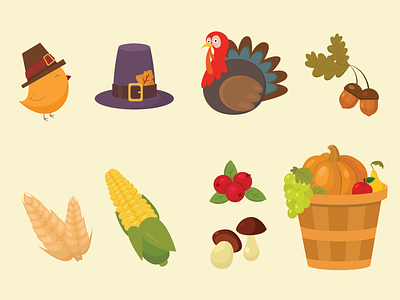 Thanksgiving icons set acorn autumn basket chick corn cranberry hat mushrooms pumpkin turkey wheat