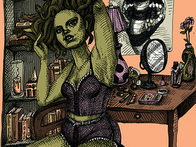 A Gorgon at her Leisure art crosshatching drawing gorgon hatching illustration ink medusa mythology