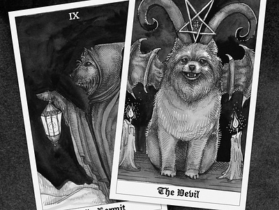 The Devil and The Hermit - The Dog Tarot art artwork black and white crosshatching dog illustration drawing illustration ink pen pen and ink pomeranian tarot card tarot deck