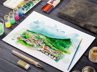 Watercolor art color drawing illustration india ink landscape paint painting sketch village watercolor