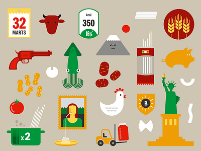 Illustrations for Pasta infographic beans chicken cow forklift fuji gun mona lisa pasta peanuts pig squid tomatoes