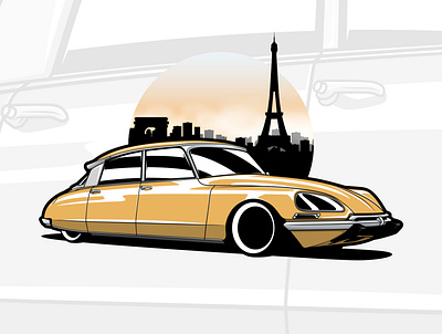Yellow Citroen DS in Paris art automobile automotive automotive art car car art car drawing cars citroen design drawing ds france graphic design illustration logo paris vector vector art