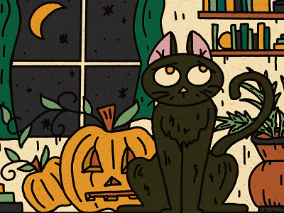 Moon Kitty autumn black cat books cartoon cat cozy fall halloween illustration inktober jack o lantern livingroom midnight moon moonlight october pumpkin spooktober spooky vintage