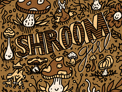 shroom girl acid brown cute dope forrest fungi hand drawn high illustration ipad pro kawaii magic mushroom nature plants procreate shrooms trippy typography vegan