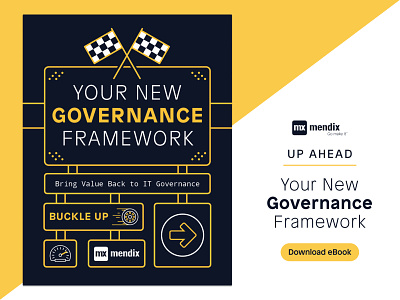 Governance eBook Cover ads advertising agile book code cover design developer drive ebook figma governance illustration lowcode mendix raceflags racetrack road tech typography
