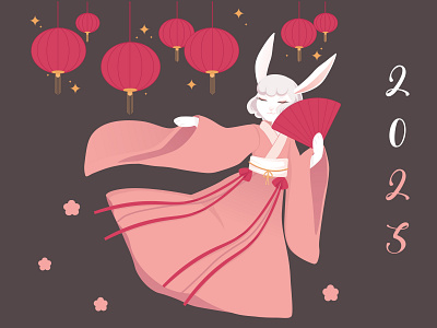 Illustration, new year 2023 of the rabbit asian motifs girl pink qipao rabbit rabbit girl stylized