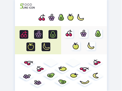 Hello food, 5 fruit icons. Cherry, grapes, avocado, apple, banan isolated
