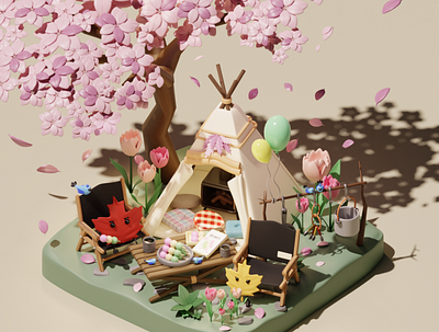Spring camping with Cherry Blossam 3d 3dart blender3d camping cozy digitalart kawaii lowpoly render