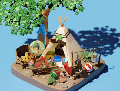 Summer Camping with watermelon 3d blender3d camping canada digitalart graphic design kawaii lowpoly maple render summer