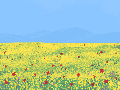 Blue-yellow field illustration landscape peaceful poppy procreate sky