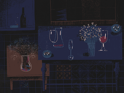 Late night bar cafe flower glass illustration interior night procreate restaurant sketch still-life wine
