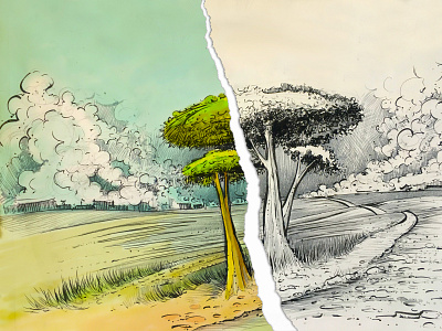 Trees Sketch brush cartoon country illustration ink kuretake landscape rural sketch trees