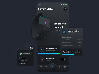 Hydration Monitor App app app design black design mobile mobile app mobile app design mobile design mobile ui ui ui ux ui design uidesign uiux web website