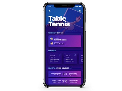 Leapfrog Sports blue dark design fixture game ios iphone match mockup ping pong players purple soccer sport app sports table tennis uiux