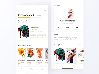 Reading App Design Project - Home & Profile app book design flat interface iphone x iphonex network profile read reading ui ux