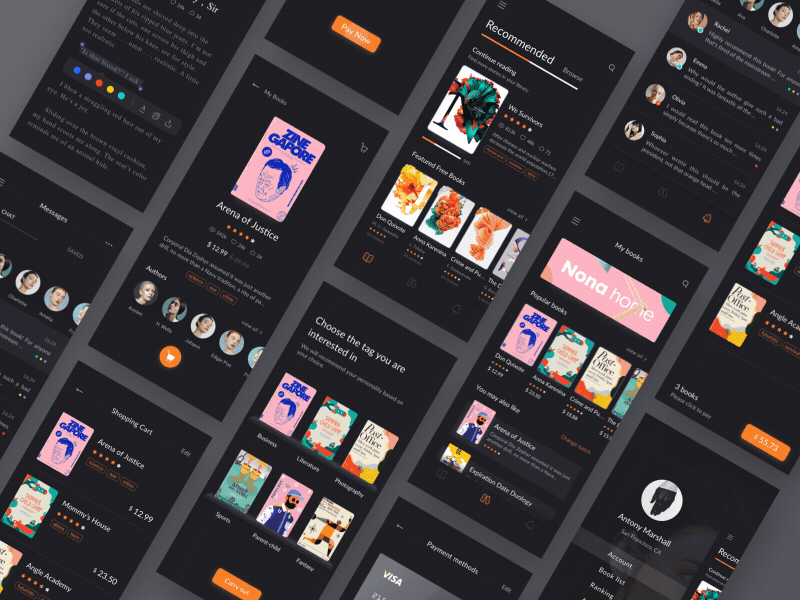 Reading App Design Project - Day & Night Mode animation app black book branding clean design flat gif interface iphone x iphonex portfolio queble read typogaphy ui ux