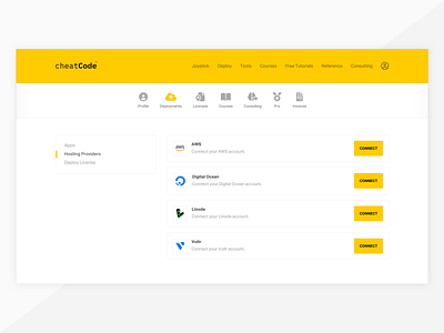Hosting Providers app cheatcode clean cloud connect css dashboard deploy deployments design framework hosting html javascript joystick list oauth provider ui yellow