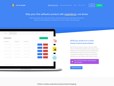 Landing page for Clever Beagle blue landing marketing page proxima nova soft purple white