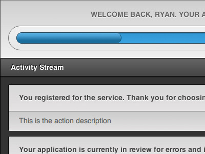 Progress Bar & Activity Stream activity application black blue css grey notification progress bar silver stream