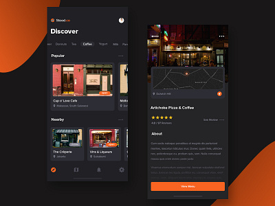 Stood.co - Food Store Finder App app booking coffee dark dashboard ios maps restaurant shop store ui ux website