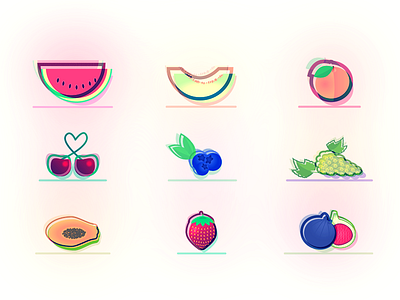 Summer Fruits ☀️🍉🍈 🍑 🍒 🍇 🍓 color design flat fresh fruits style summer vector