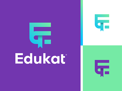 Edukat blue book brand identity educational gradient green learning letter e lettering logo grid modern monogram purple school