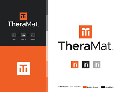 Theramat™ abstract brand identity branding company letter logo icon m meditation minimal modern monogram monograms orange sans serif square t typography yoga