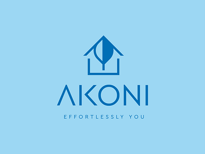 Akoni Concept blue branding dark blue house icon leaf light blue logo design negativespace
