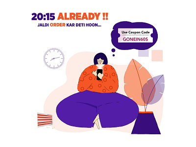 State of mind while ordering food - Journey Of A Foodie character design colourful design flat design food and drink food app food order food ordering app foodie girl illustration graphic design happy new year illustration minimalistic ordering vector