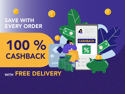 100 Percent Cashback character design colourful discounts flat design food foodapp girl illustration graphic design illustration minimalistic offers ui vector visual design