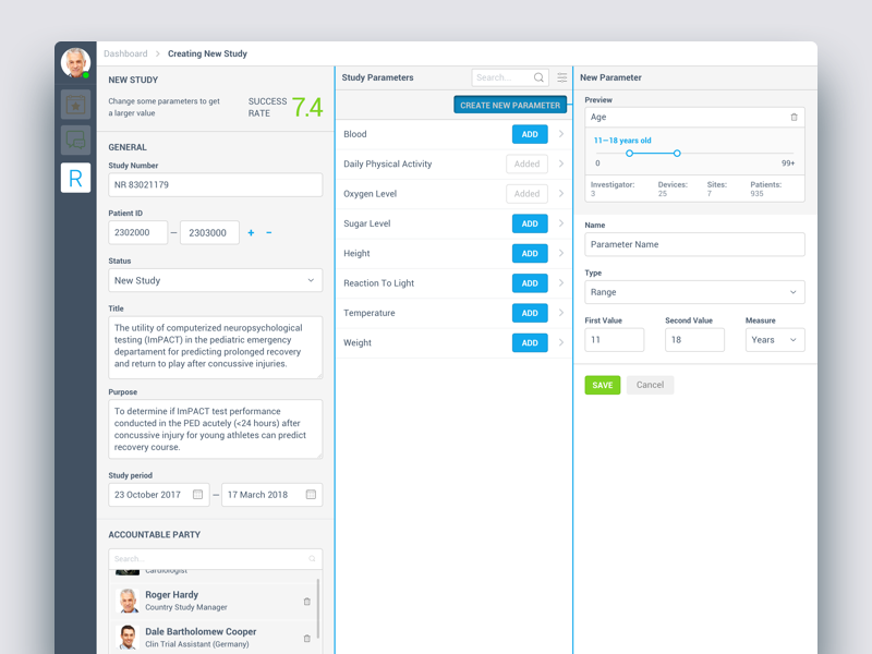 New Study add steps study creating details parameters range age ui