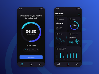 Sleep Tracker 💤 app appdesign cards dark app dark mode dark ui design graphs health health tracker ios ios app metrics sleep sleep tracker statistics tracker ui uiux ux