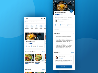 Recipe App app blue clean clean app design detail view featured food app food app ui healthy food home ios photography rating recipe recipe app recommended review tasty ui ux