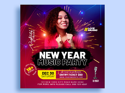 New Year Music Party Flyer ads banner clubflyer design flyer music new year night club party party poster post social media post web banner