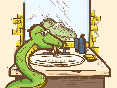 Time for a shave! characters illustration mirror shaving snake