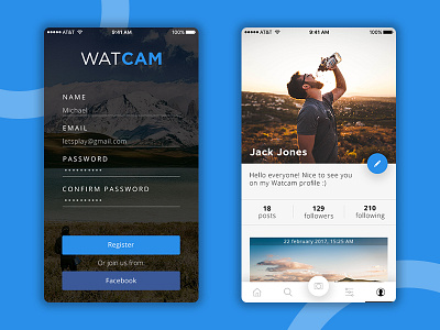 Watcam app design mobile app profile. registration form ui