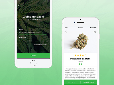 Cannabis online shop + login design mobile app ui ux