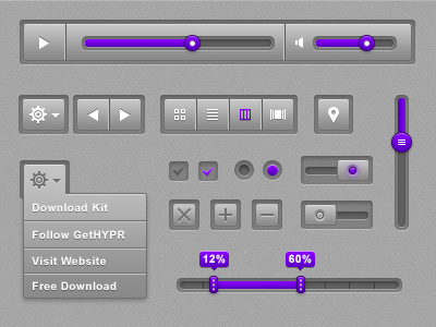 HYPR UI Kit button checkbox clean close design download free graphics kit nav purple radio settings slider toggle ui video view volume
