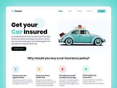 Carinsure - Landing page for car insurance company car insurance car insurance company carinsure clean ui dribbble insurance insurance app insurance company insurance website typography ui user experience userinterface web app web design web design agency web design company web ui webdesign website design