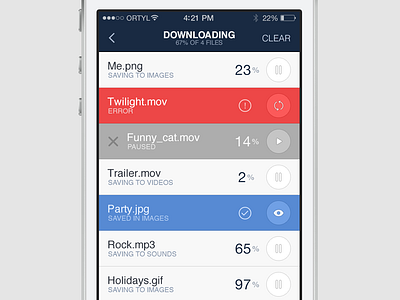 Downloading Screen app clean controls downloading files flat ios7 iphone list ui ux „table view