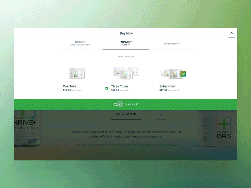 Thrive+ — Pricing Options alcohol e commerce experience interface landing page lp shop supplement ui ux web website