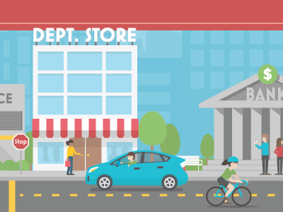 Downtown bank bike illustration prius shopping store