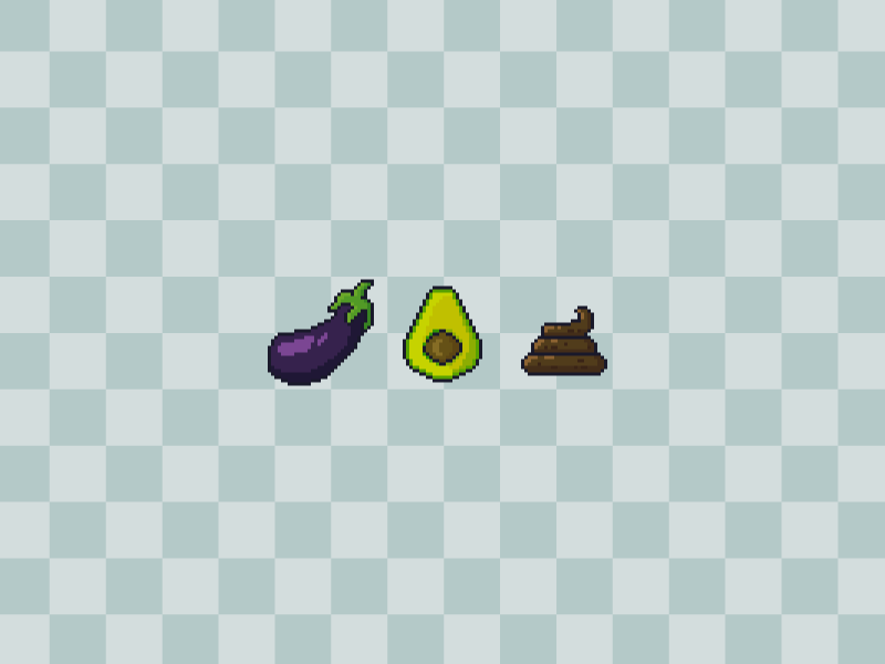 Pixel Art Game Assets: Find the intruder game asset art pixel funny fruits vegetable aubergine eggplant avocado poo