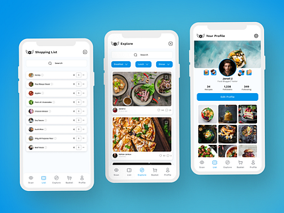 Eatfly App Design - Social Feed/ Profile, Shopping List app branding ui ux