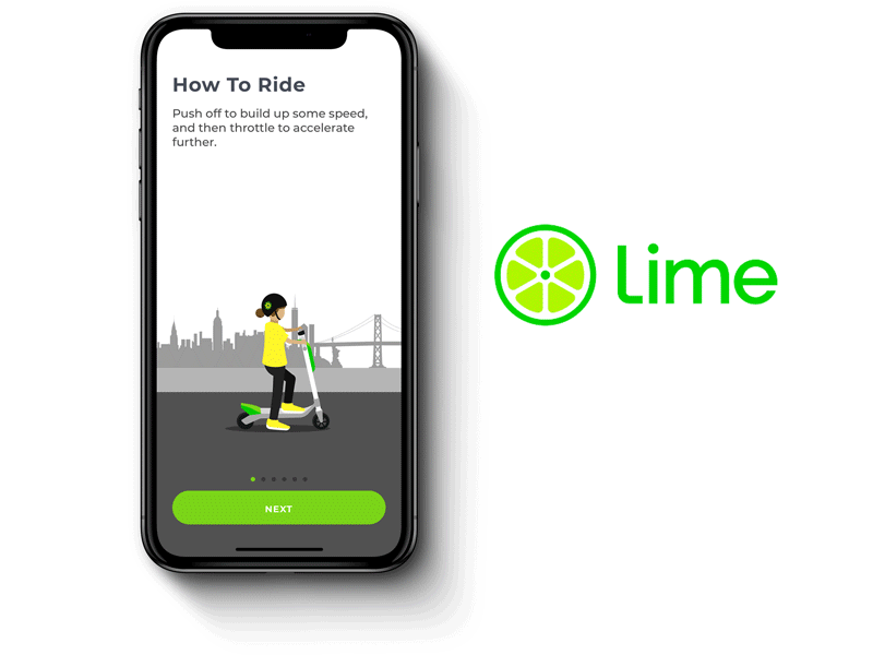 How to ride a Lime Scooter animation app bird branding design flat gif illustration lime limebike lottie ride scooter travel trip tutorial ui ux vector walkthrough