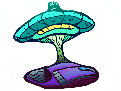 Mushroom spaceship colourful dean rheims floating illustration mushroom ombre colors outlined scifi side view spaceship