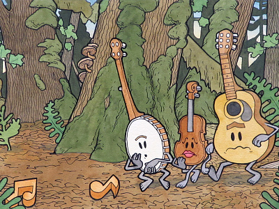 On The Trail art banjo fiddle forest guitar illustration landscape music violin