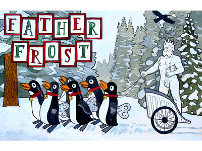 Father Frost crow forest funny illustration landscape painting penguin snow white