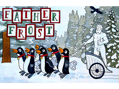 Father Frost crow forest funny illustration landscape painting penguin snow white
