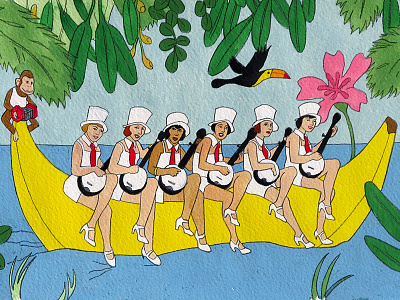 Banana Boat banjo bird drawing flower illustration monkey music painting smooth women